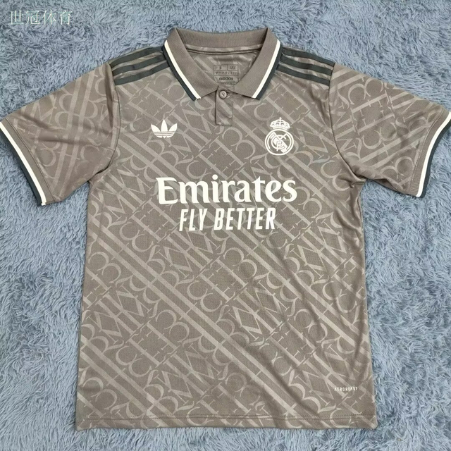 24/25 Real Madrid Second Away Jersey - Grey Retro Logo Pattern & Henley Collar