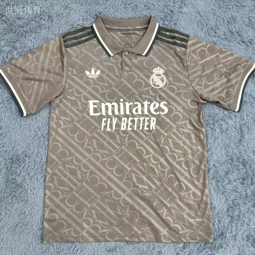 24/25 Real Madrid Second Away Jersey - Grey Retro Logo Pattern & Henley Collar