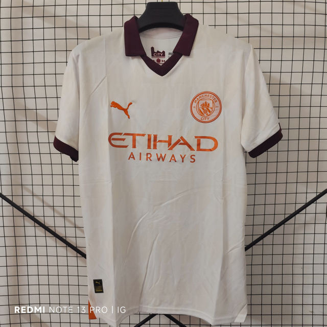 23/24 Manchester City Away Jersey - White with Burgundy-Orange Accents & Retro POLO Collar