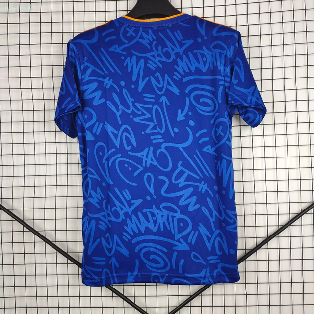  21/22 Real Madrid Away Jersey - Blue Graffiti Pattern with Orange Accents