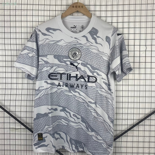 24/25 Manchester City Year of the Dragon Special Jersey - White-Grey with Chinese Dragon Pattern & Black Accents