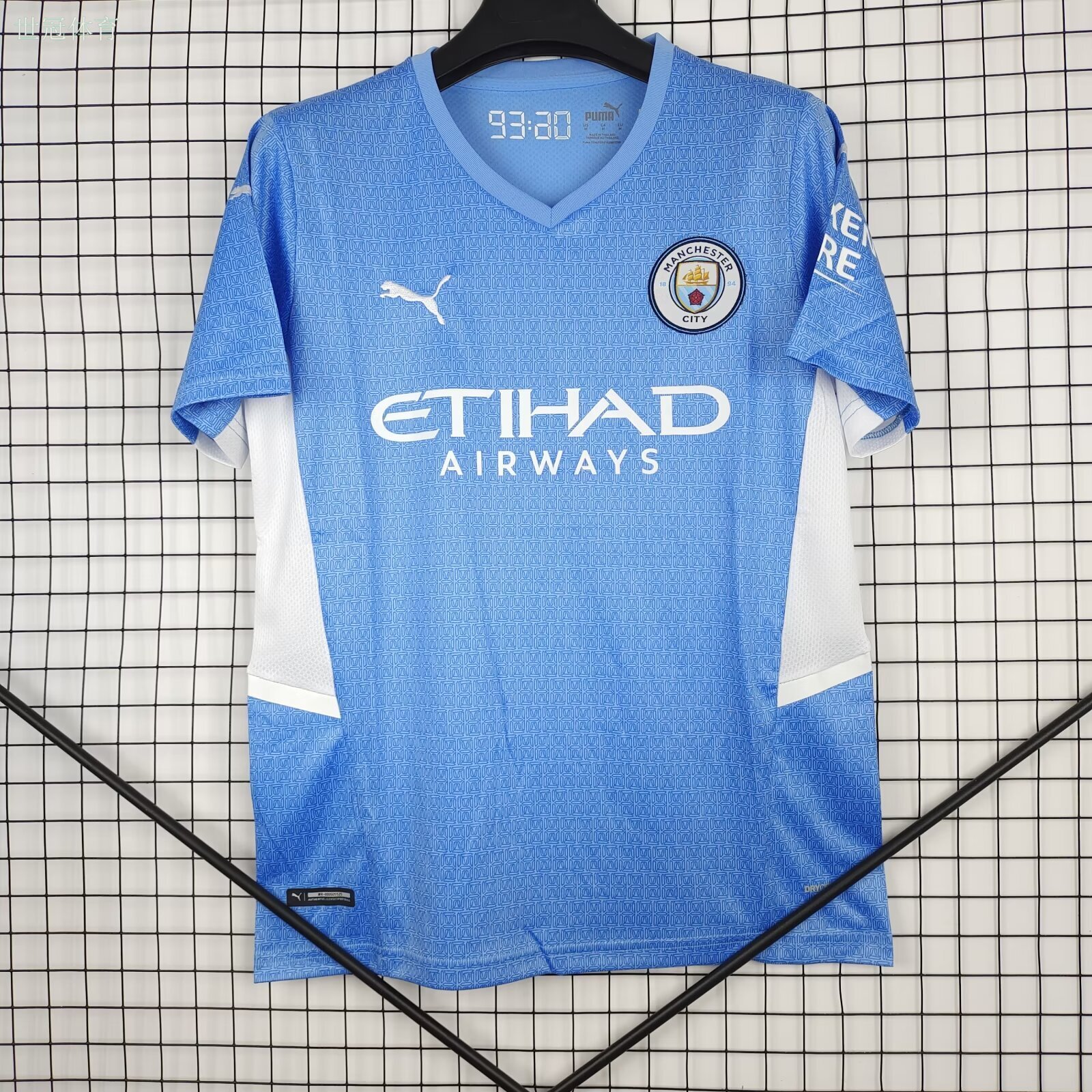 21/22 Manchester City Home Jersey - Light Blue with White Side Panels & Texture Fabric
