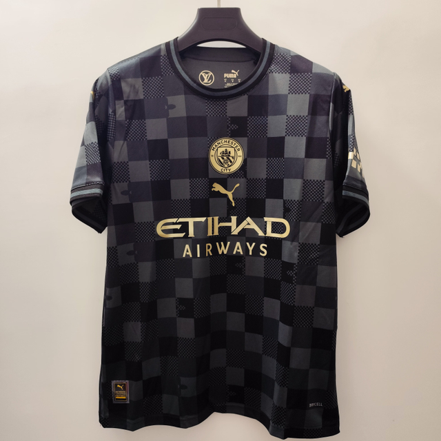 24/25 Manchester City 145th Anniversary Jersey - Black-Grey Checkerboard & Gold Accents (LV Collaboration)