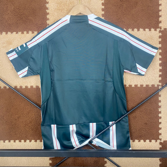 23/24 Manchester United Away Jersey - Dark Green with White-Red Vertical Stripes & Retro Shield Crest