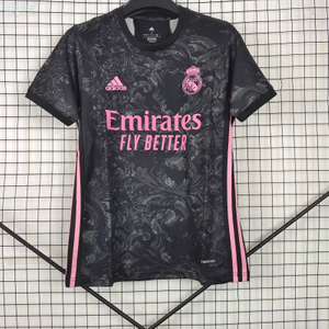 21/22 Real Madrid Second Away Jersey - Black Baroque Pattern with Pink Accents