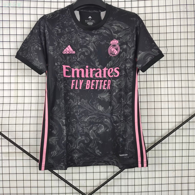 21/22 Real Madrid Second Away Jersey - Black Baroque Pattern with Pink Accents