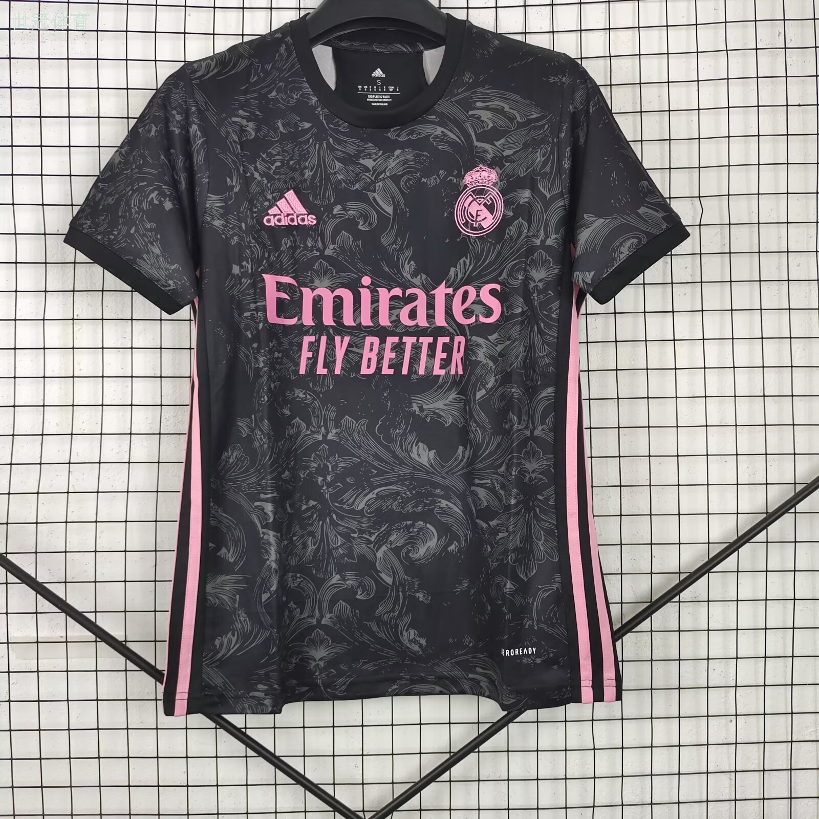21/22 Real Madrid Second Away Jersey - Black Baroque Pattern with Pink Accents