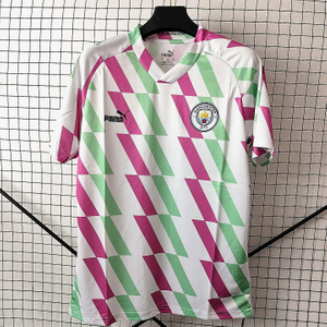 23/24 Manchester City Home Training Jersey - White-Green-Pink Geometric Stripes & Black Logo Accents