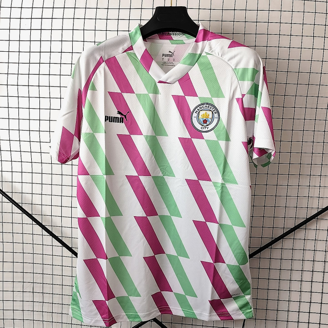 23/24 Manchester City Home Training Jersey - White-Green-Pink Geometric Stripes & Black Logo Accents