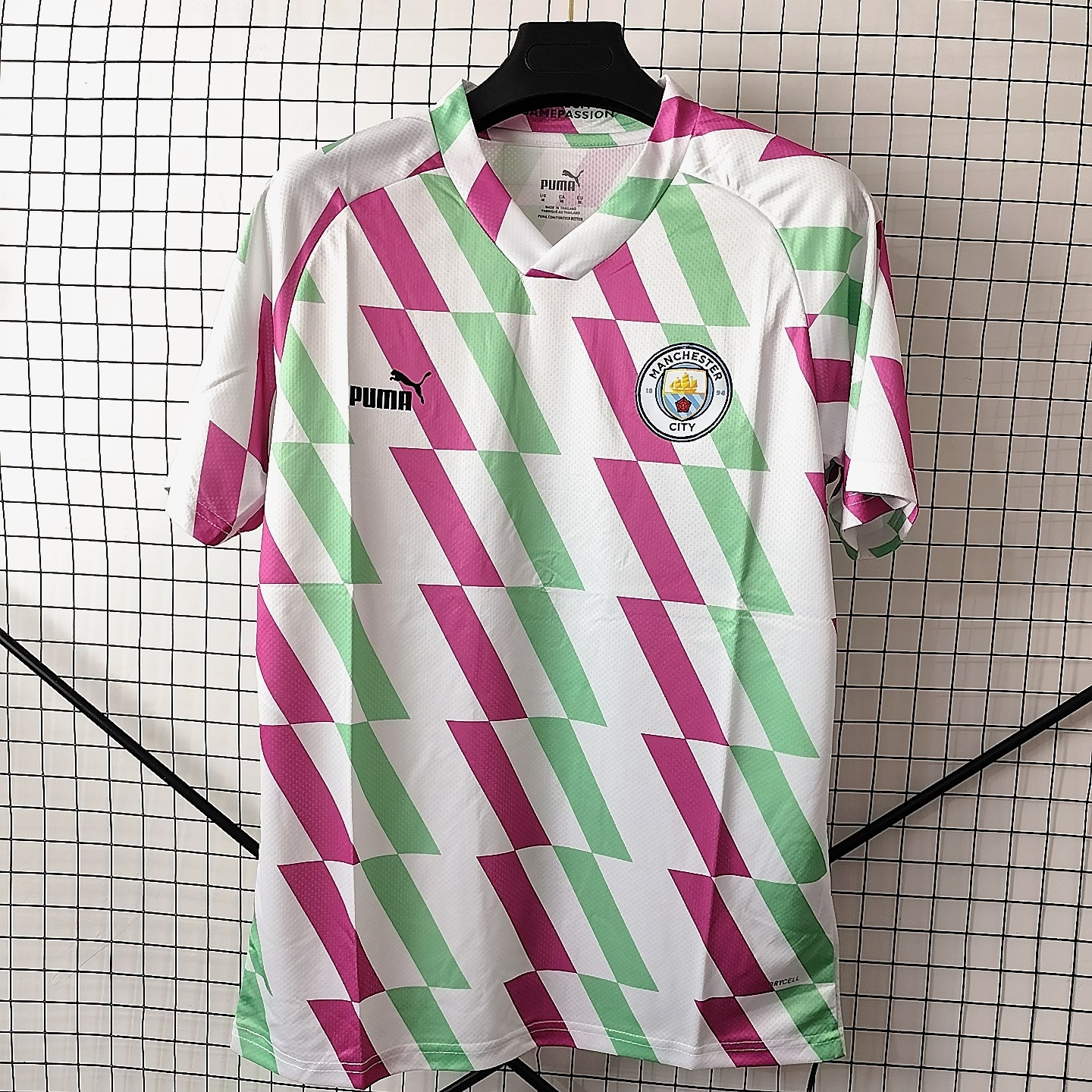 23/24 Manchester City Home Training Jersey - White-Green-Pink Geometric Stripes & Black Logo Accents