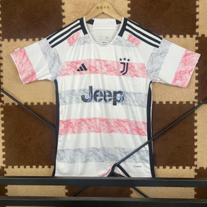 23/24 Juventus Away Jersey - White-Pink-Grey Gradient Stripes with Texture Pattern & Lightning Detail