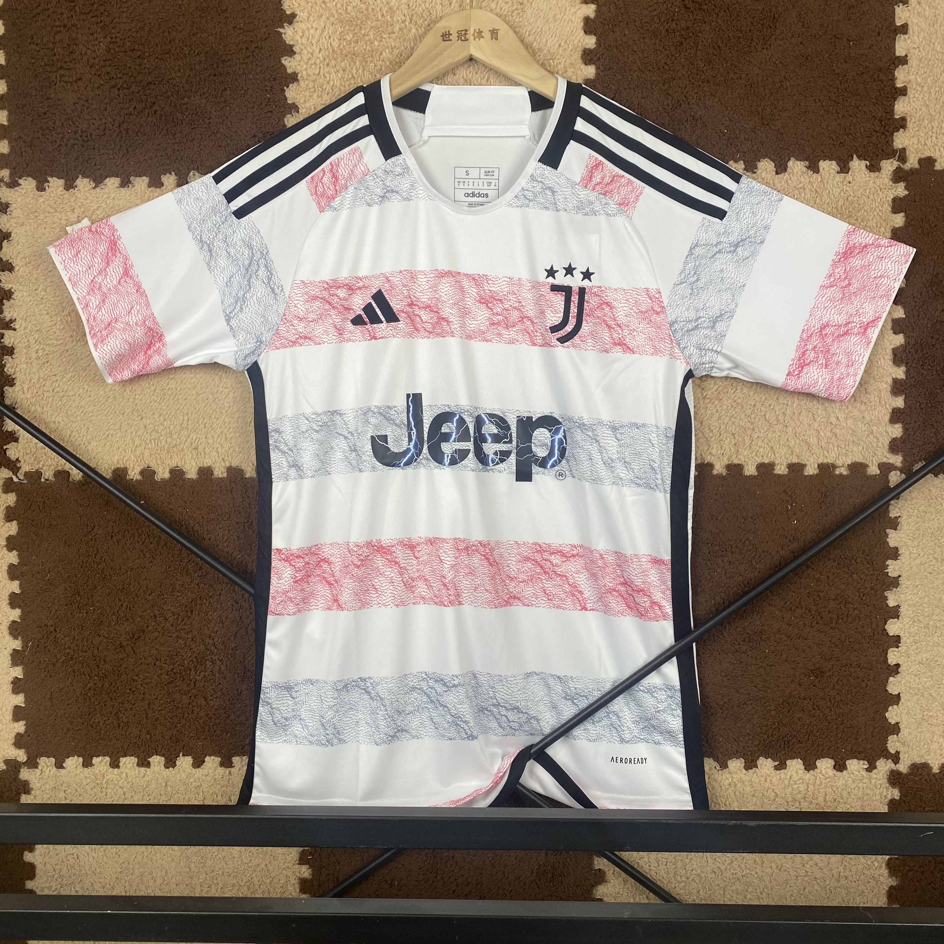 23/24 Juventus Away Jersey - White-Pink-Grey Gradient Stripes with Texture Pattern & Lightning Detail