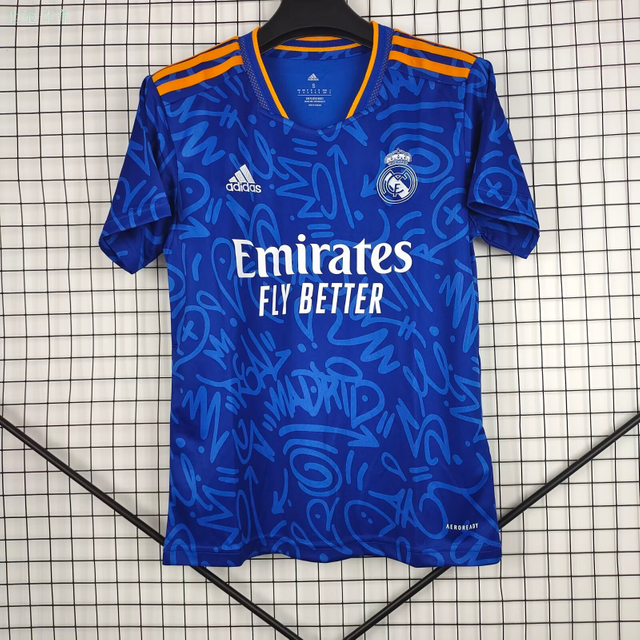 21/22 Real Madrid Away Jersey - Blue Graffiti Pattern with Orange Accents