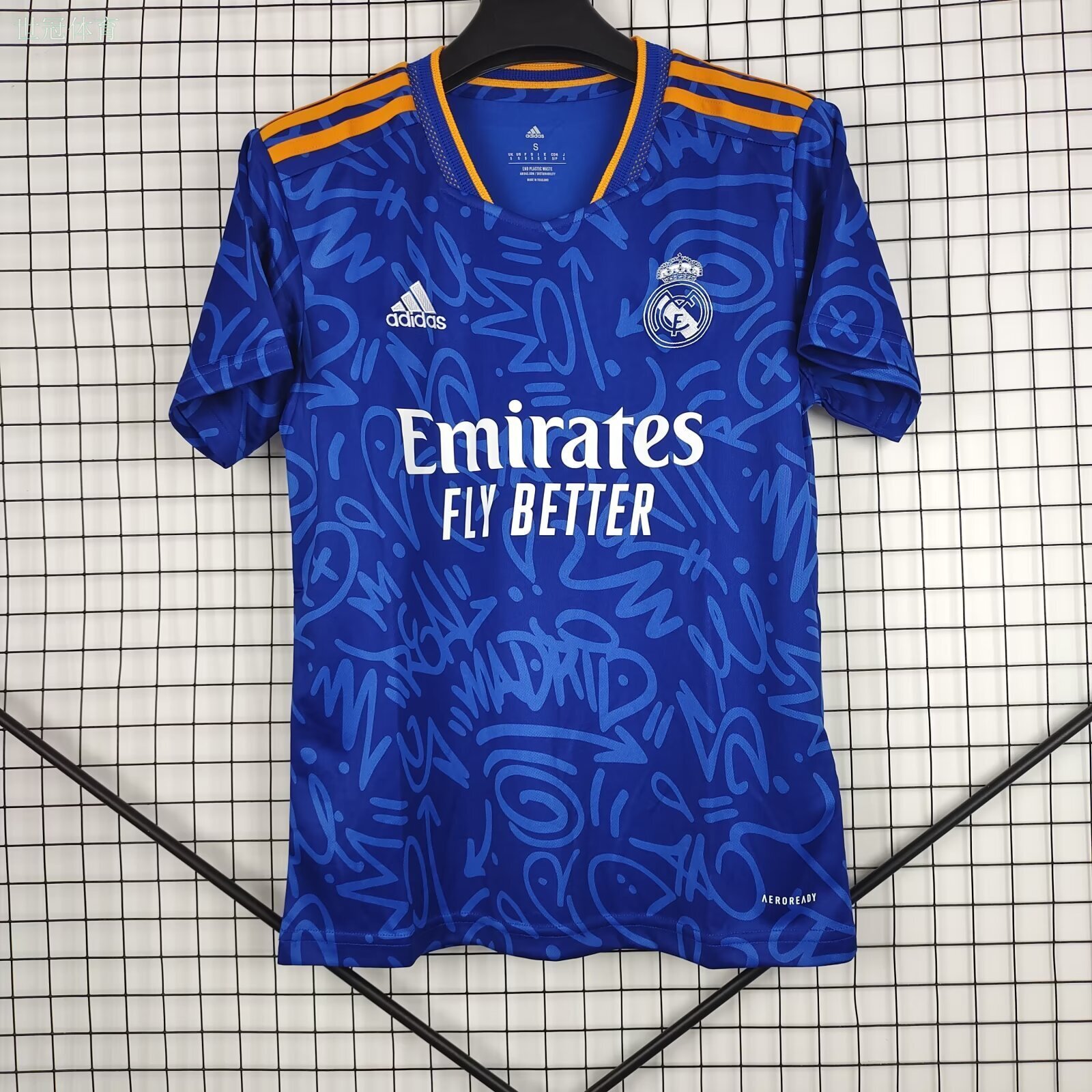  21/22 Real Madrid Away Jersey - Blue Graffiti Pattern with Orange Accents