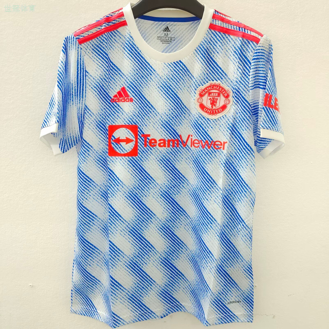 21/22 Manchester United Away Jersey - White-Blue with Diagonal Stripe Texture & Red Accents