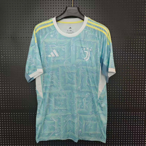 25/26 Juventus Away Jersey - Light Turquoise with Ink Texture Pattern & Yellow-White Accents