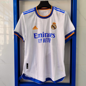 21/22 Real Madrid Home Jersey - White with Blue/Orange Accents & Spiral Pattern