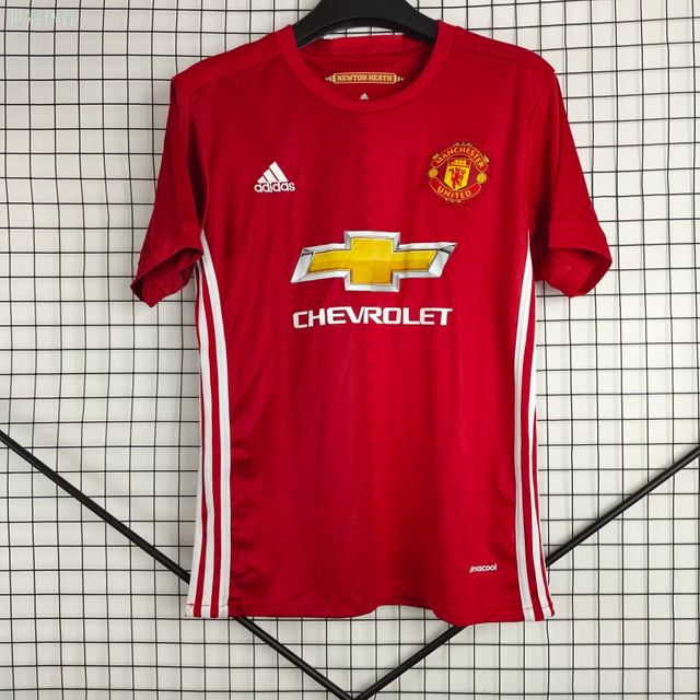 16/17 Manchester United Home Jersey - Red with White Side Stripes & Newton Heath Collar Detail