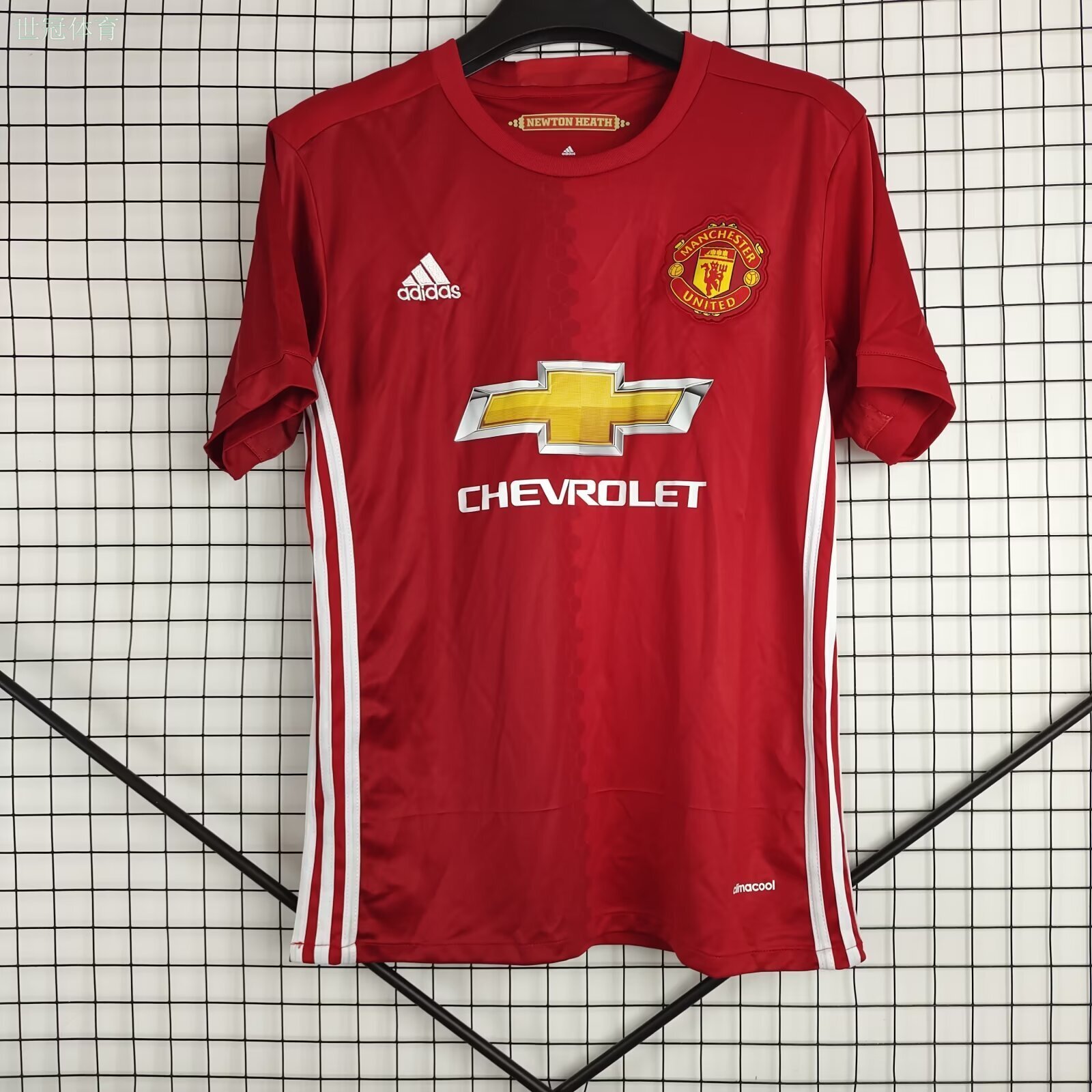 16/17 Manchester United Home Jersey - Red with White Side Stripes & Newton Heath Collar Detail
