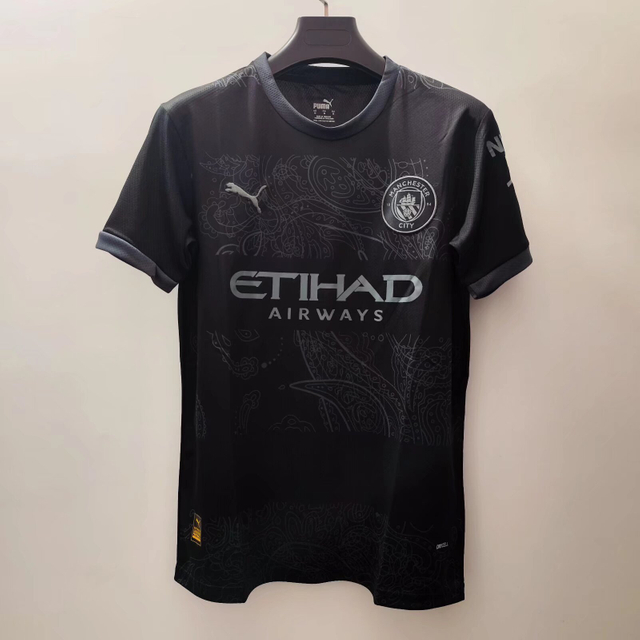 24/25 Manchester City Special Edition Jersey - Black with Light Grey Paisley Pattern & Silver Accents