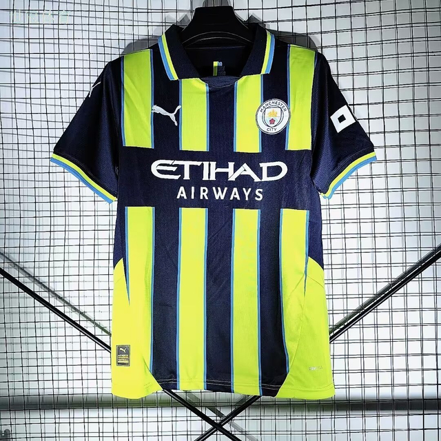 24/25 Manchester City Away Jersey - Navy-Neon Yellow Stripes with Light Blue Trim & POLO Collar