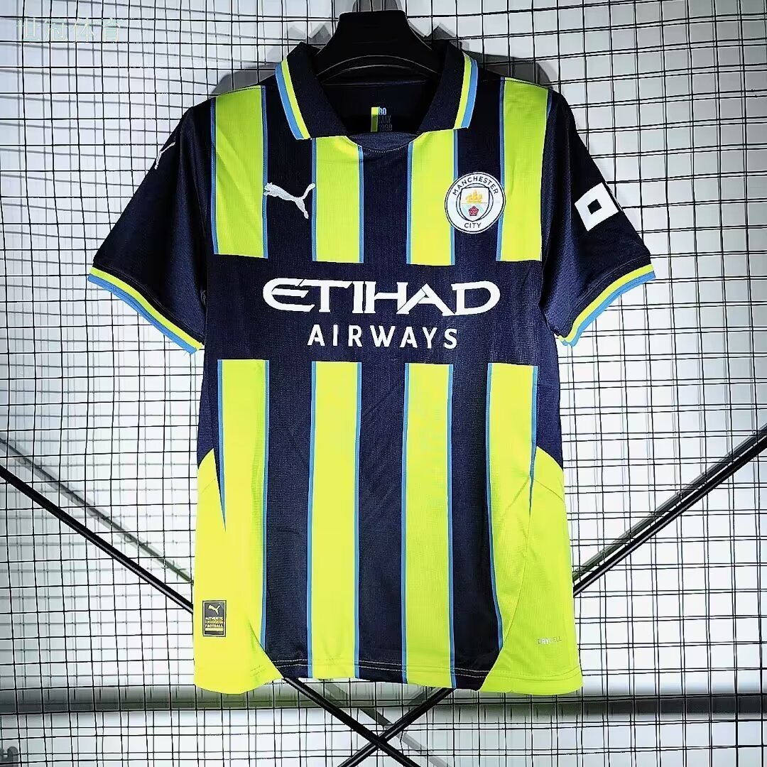 24/25 Manchester City Away Jersey - Navy-Neon Yellow Stripes with Light Blue Trim & POLO Collar