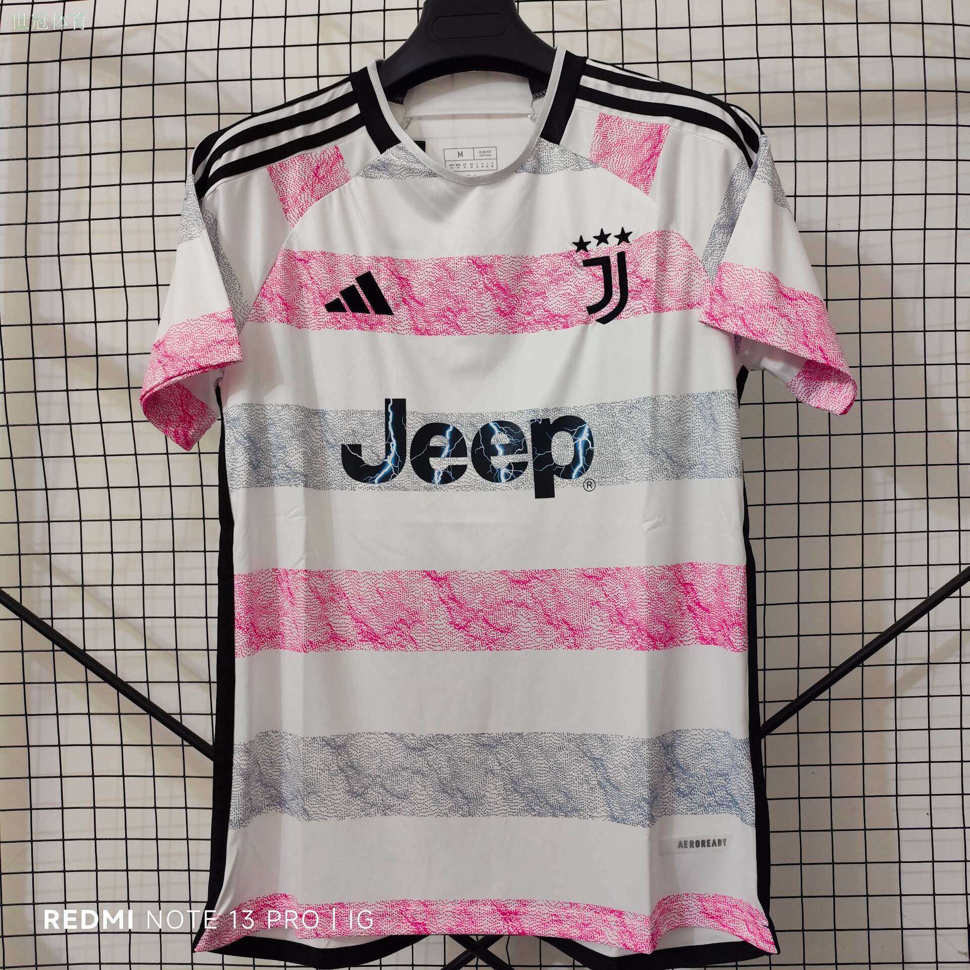 23/24 Juventus Second Away Jersey - White-Pink-Grey Stripes with Texture Pattern & Lightning Detail
