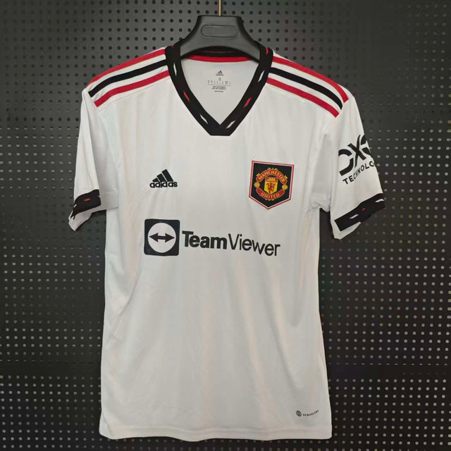 22/23 Manchester United Away Jersey - White with Black-Red Accents & Retro Shield Crest
