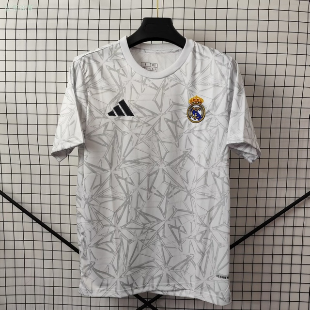 24/25 Real Madrid Pre-Match Training Jersey - White Star Pattern & Black Accents
