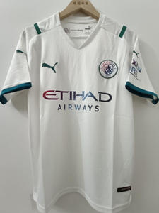 21/22 Manchester City Away Jersey - White with Teal Accents & Gradient Etihad Sponsor