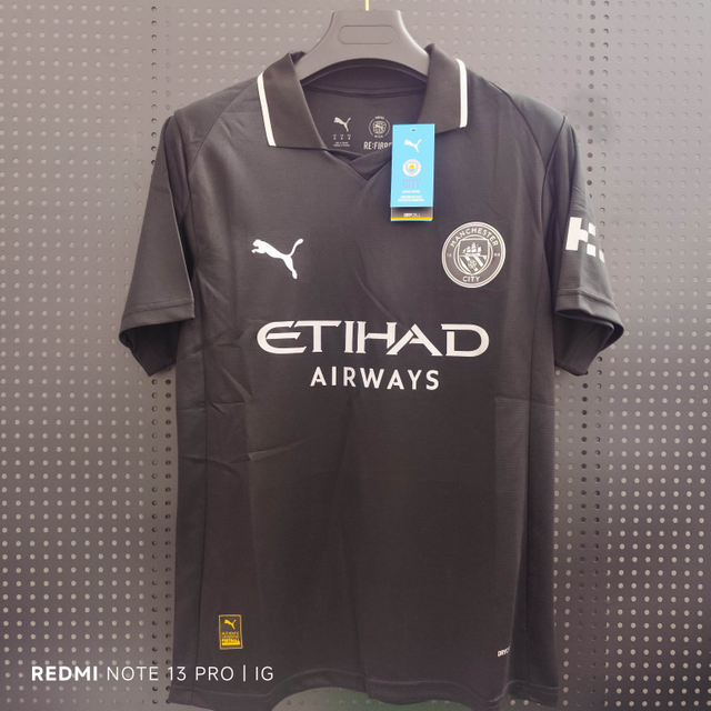 25/26 Manchester City Second Away (Black) Jersey - Black with White Accents & POLO Collar