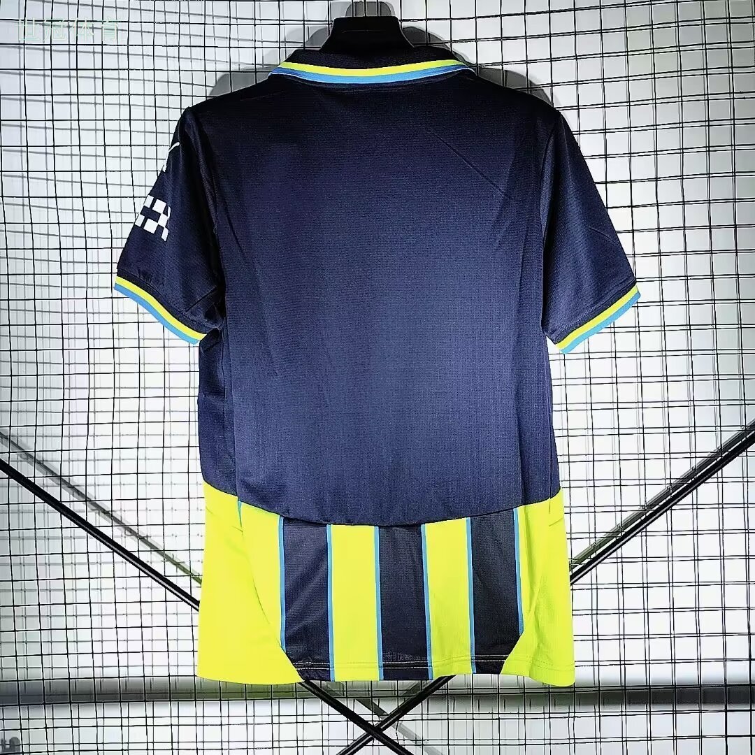 24/25 Manchester City Away Jersey - Navy-Neon Yellow Stripes with Light Blue Trim & POLO Collar