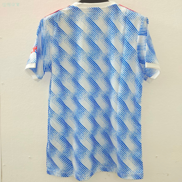 21/22 Manchester United Away Jersey - White-Blue with Diagonal Stripe Texture & Red Accents