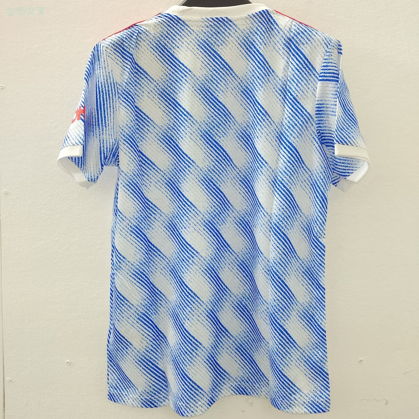 21/22 Manchester United Away Jersey - White-Blue with Diagonal Stripe Texture & Red Accents