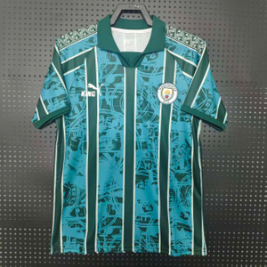 25/26 Manchester City Special Edition Jersey - Light Blue-Dark Green Stripes with Abstract Pattern & POLO Collar