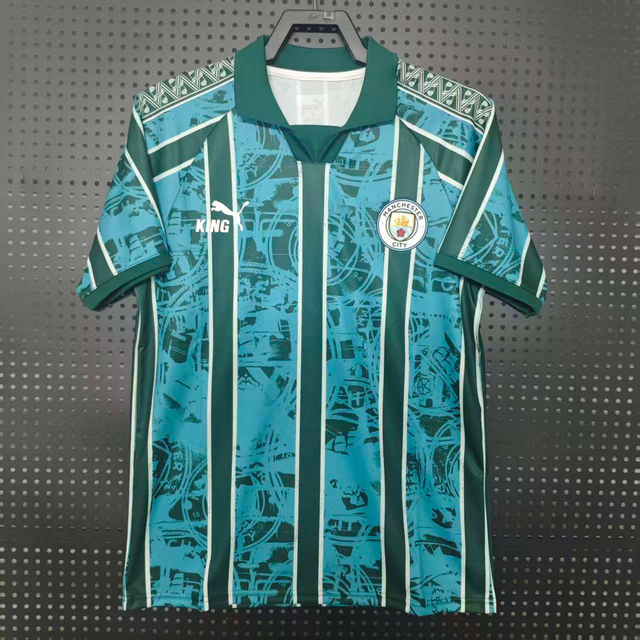 25/26 Manchester City Special Edition Jersey - Light Blue-Dark Green Stripes with Abstract Pattern & POLO Collar