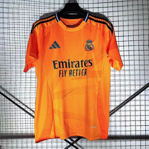 24/25 Real Madrid Away Jersey - Bright Orange with Dark Pattern & Navy Accents