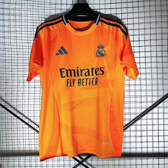 24/25 Real Madrid Away Jersey - Bright Orange with Dark Pattern & Navy Accents