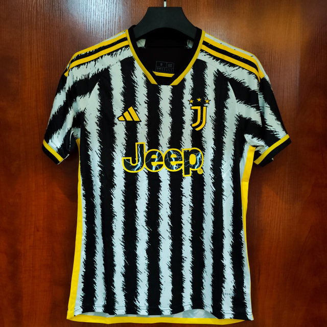 23/24 Juventus Home Jersey - Black-White Stripes with Brush Texture & Yellow Accents