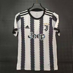 22/23 Juventus Home Jersey - Black-White Stripes with Geometric Pattern & Lightning Detail