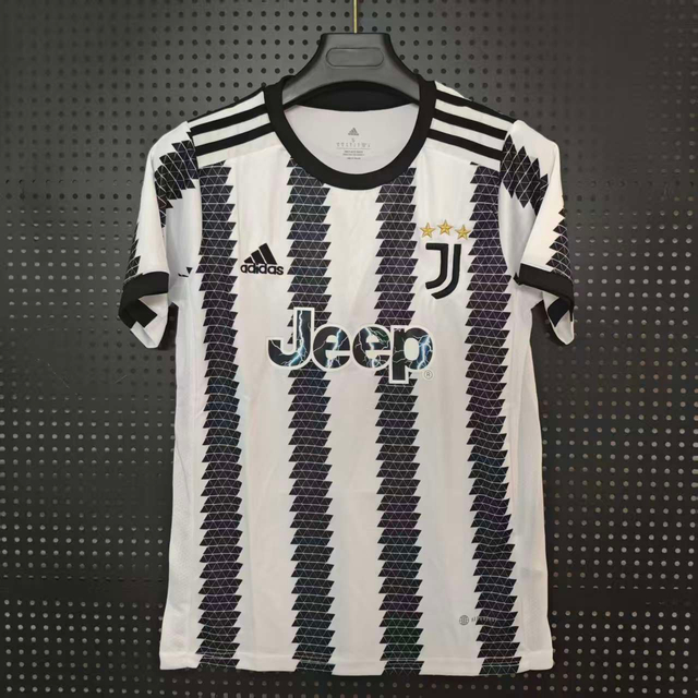 22/23 Juventus Home Jersey - Black-White Stripes with Geometric Pattern & Lightning Detail
