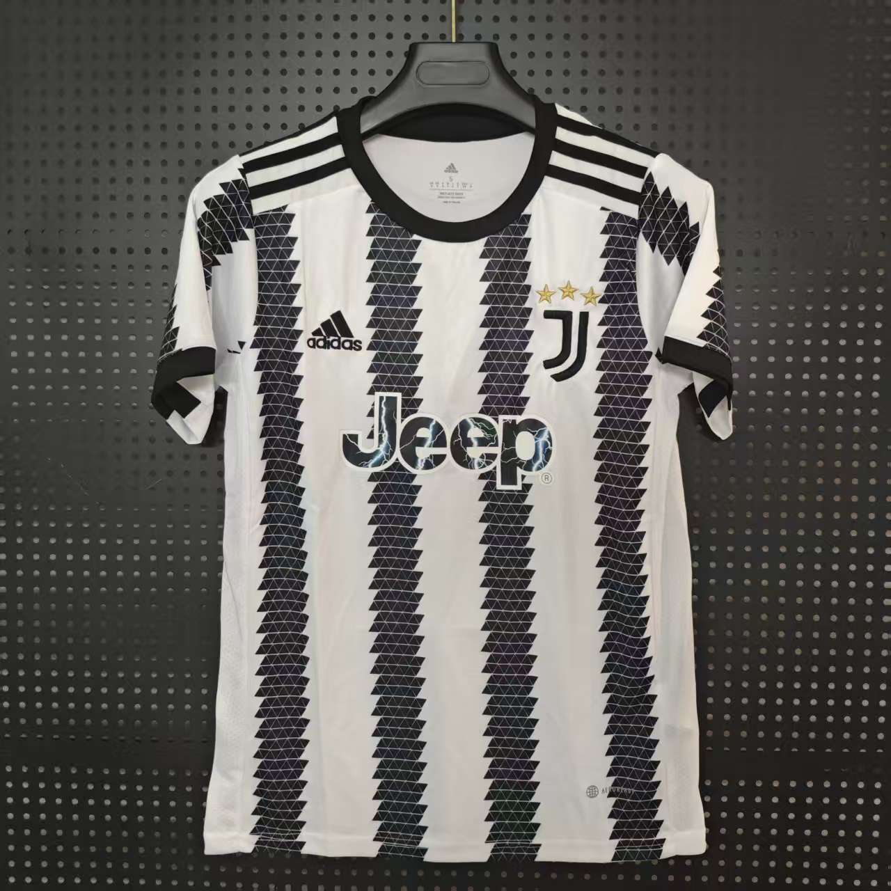 22/23 Juventus Home Jersey - Black-White Stripes with Geometric Pattern & Lightning Detail